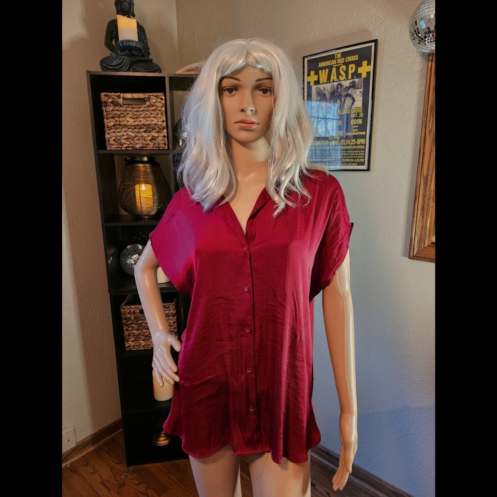 Red wine, silky, buttonup shirt